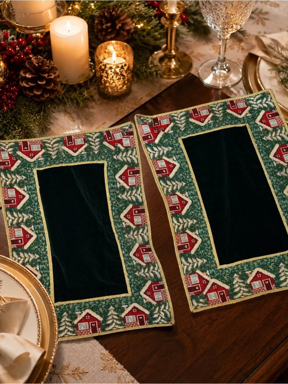 Vintage Holiday Velvet Placemat Pair Cozy Cabin Border Christmas Decor